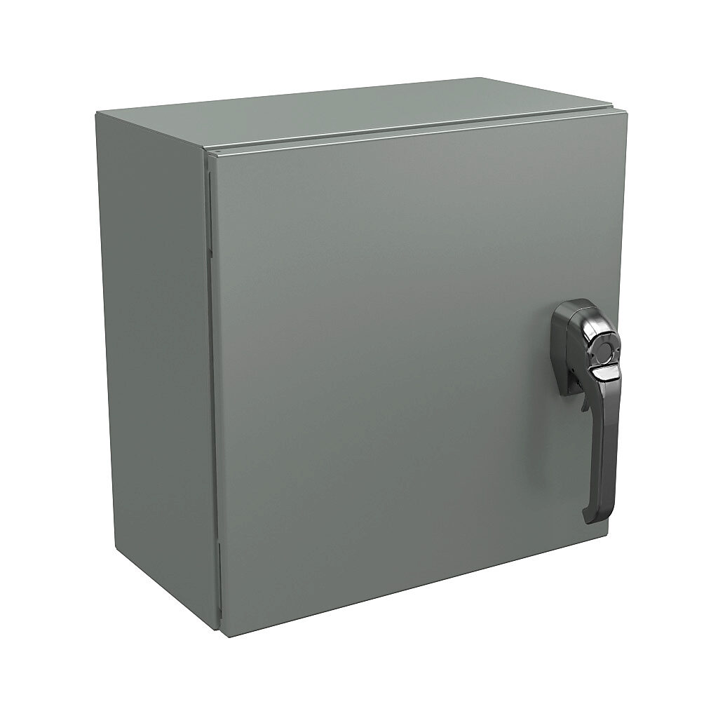 N4121616081PTC - Wiegmann Ultimate series enclosure, NEMA 4/12/13, 16 x 16 x 8in (HxWxD), wall mount, carbon steel, ANSI 61 gray, powder coat finish, single-door, 1-point keylocking/padlocking combo handle, handle hasp.
