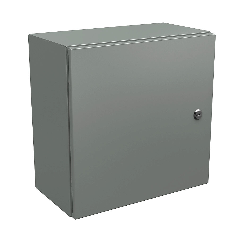 N412161608C - Wiegmann Ultimate series enclosure, NEMA 4/12/13, 16 x 16 x 8in (HxWxD), wall mount, carbon steel, ANSI 61 gray, powder coat finish, single-door, 1/4-turn semi-flush oil-tight latch.
