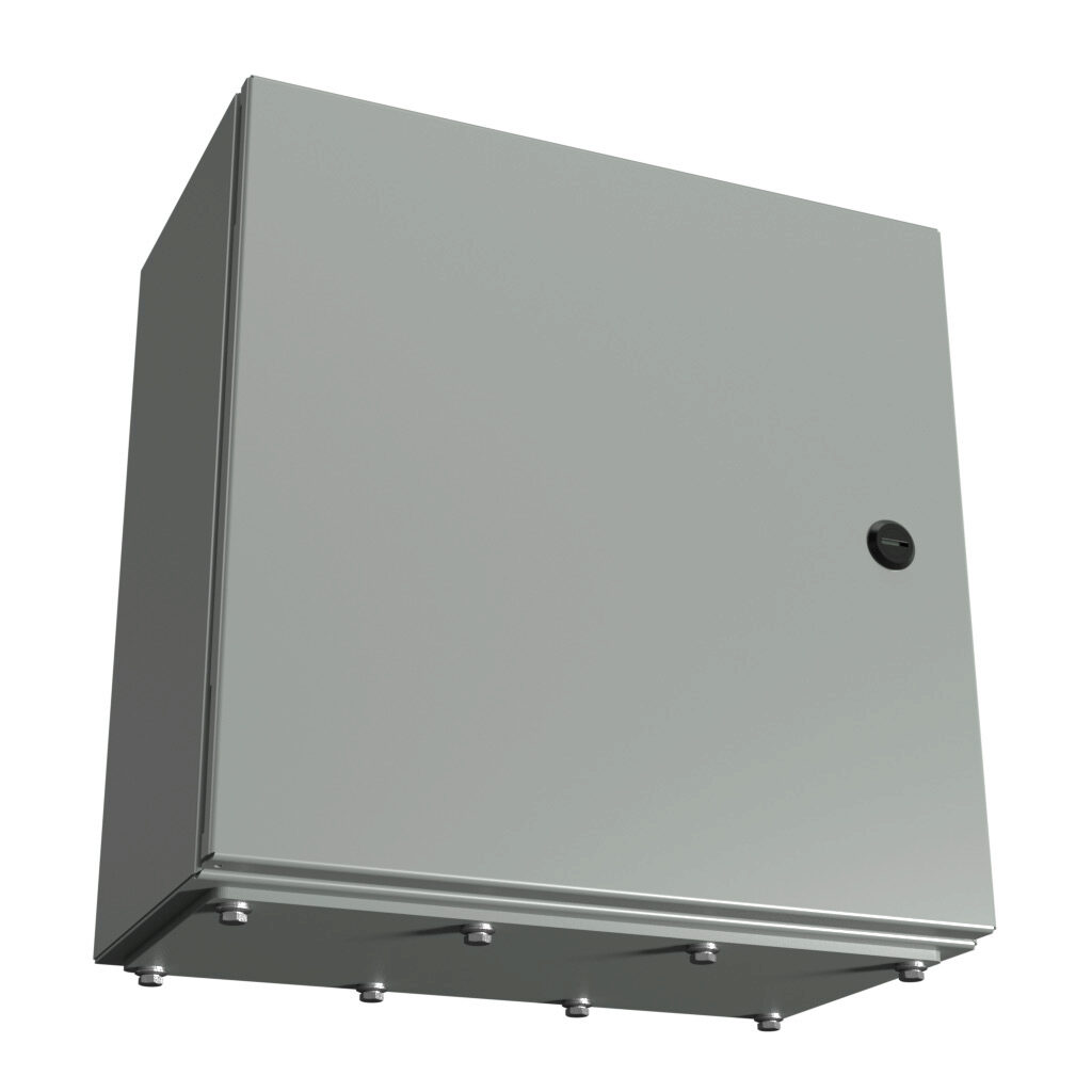 N412161608CGP - Wiegmann Ultimate series enclosure, NEMA 3R/4/12/13, 16 x 16 x 8in (HxWxD), wall mount, bottom gland plate, carbon steel, ANSI 61 gray, powder coat finish, single-door, 1/4-turn semi-flush oil-tight latch.