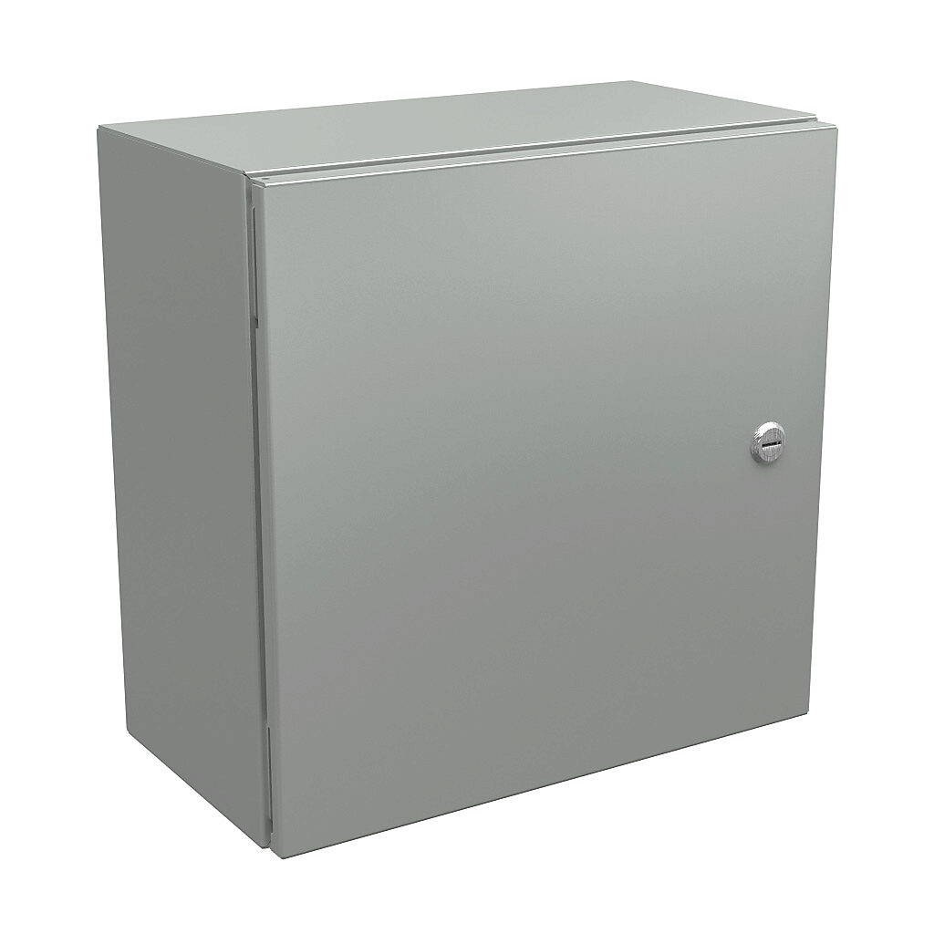 N412161608CLG - Wiegmann Ultimate series enclosure, NEMA 4/12/13, 16 x 16 x 8in (HxWxD), wall mount, carbon steel, RAL 7035 light gray, powder coat finish, single-door, 1/4-turn semi-flush oil-tight latch.