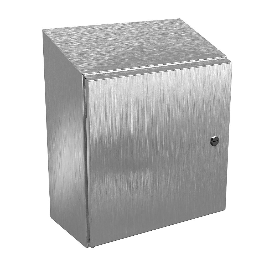 N412161608CSSST - Wiegmann Ultimate series enclosure, slope top, NEMA 4/4X/12/13, 16 x 16 x 8in (HxWxD), wall mount, 304 stainless steel, No. 3 intermediate polished finish, single-door, 1/4-turn semi-flush oil-tight latch.