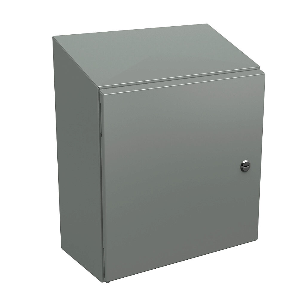 N412161608CST - Wiegmann Ultimate series enclosure, slope top, NEMA 4/12/13, 16 x 16 x 8in (HxWxD), wall mount, carbon steel, ANSI 61 gray, powder coat finish, single-door, 1/4-turn semi-flush oil-tight latch.