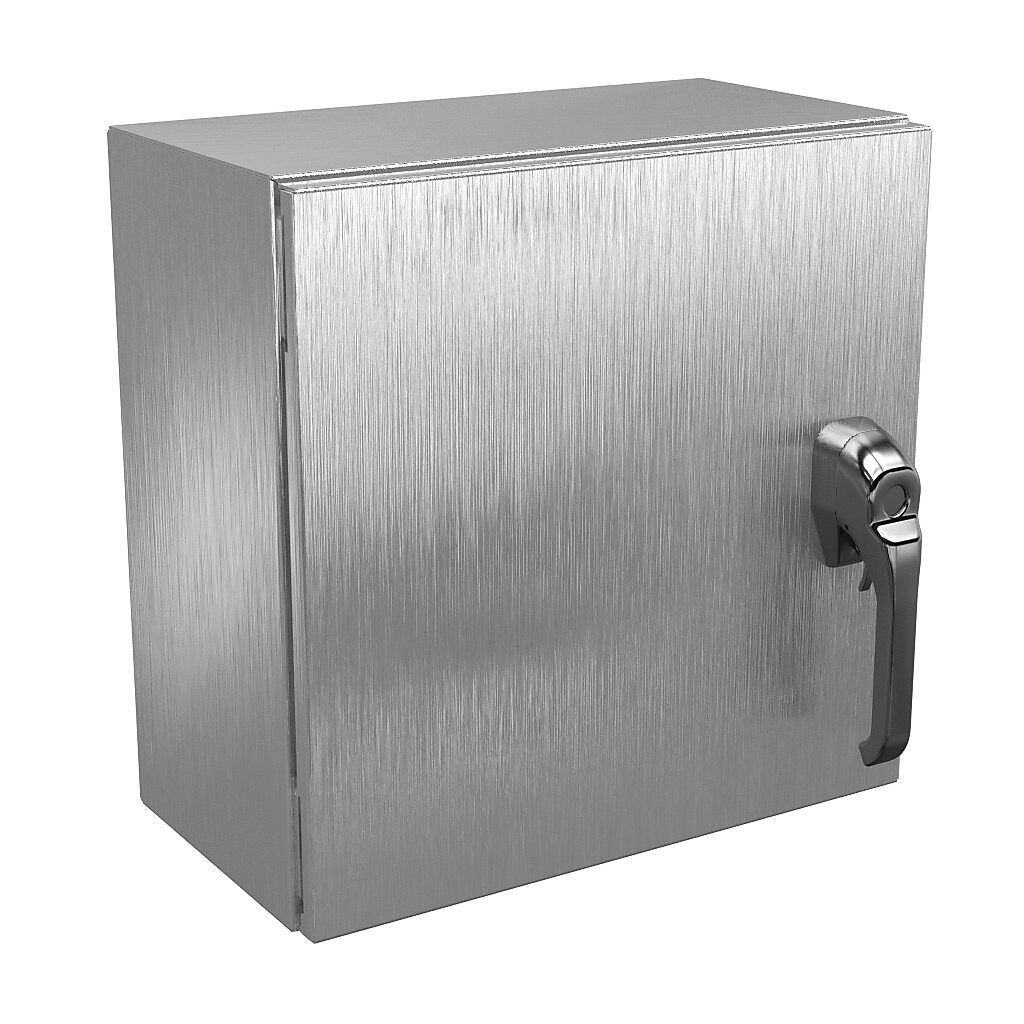 N412161608SS1PTC - Wiegmann Ultimate series enclosure, NEMA 4X/12/13, 16 x 16 x 8in (HxWxD), wall mount, 304 stainless steel, No. 3 intermediate polished finish, single-door, 1-point 316L padlocking handle, handle hasp.