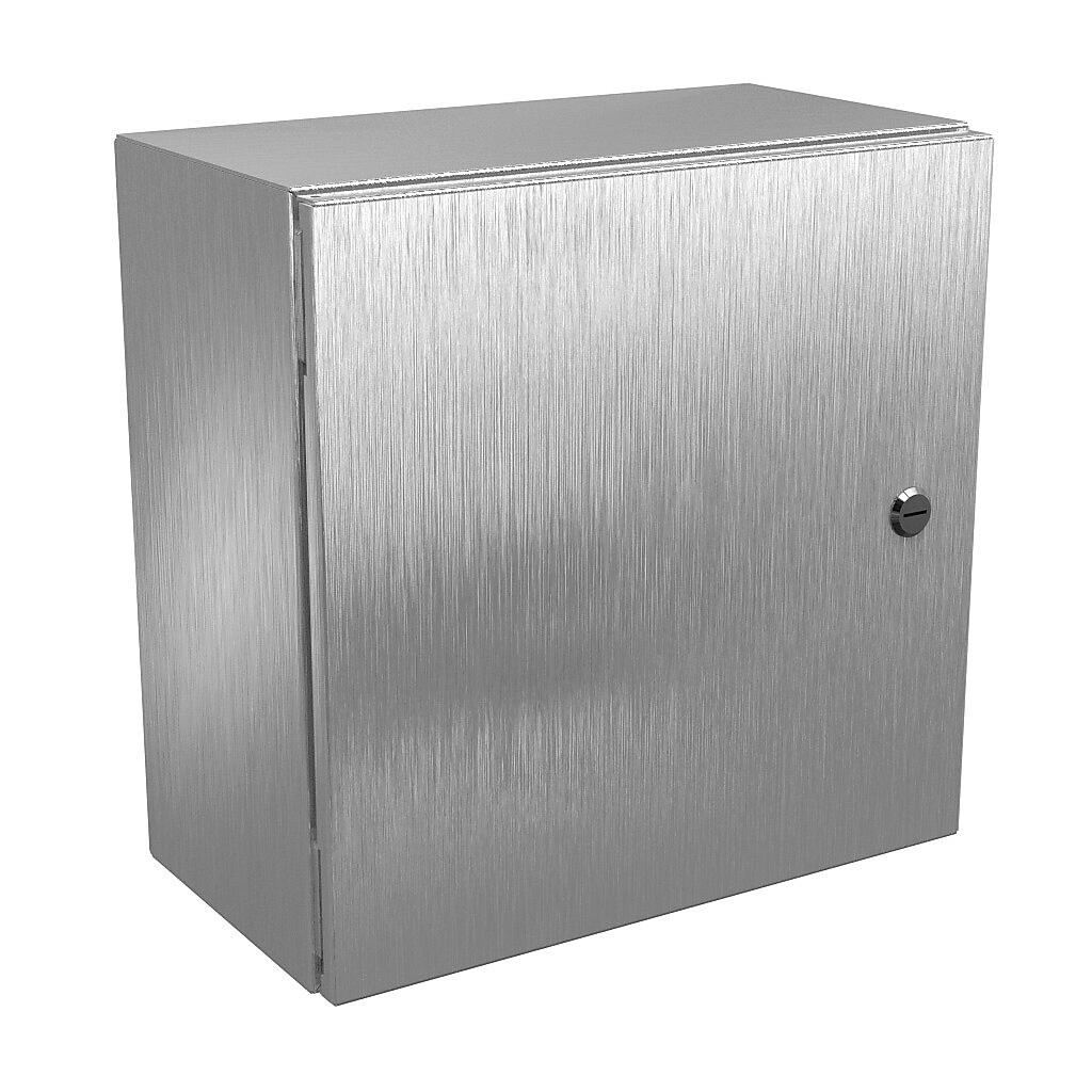 N412161608SSC - Wiegmann Ultimate series enclosure, NEMA 4/4X/12/13, 16 x 16 x 8in (HxWxD), wall mount, 304 stainless steel, No. 3 intermediate polished finish, single-door, 1/4-turn semi-flush oil-tight latch.