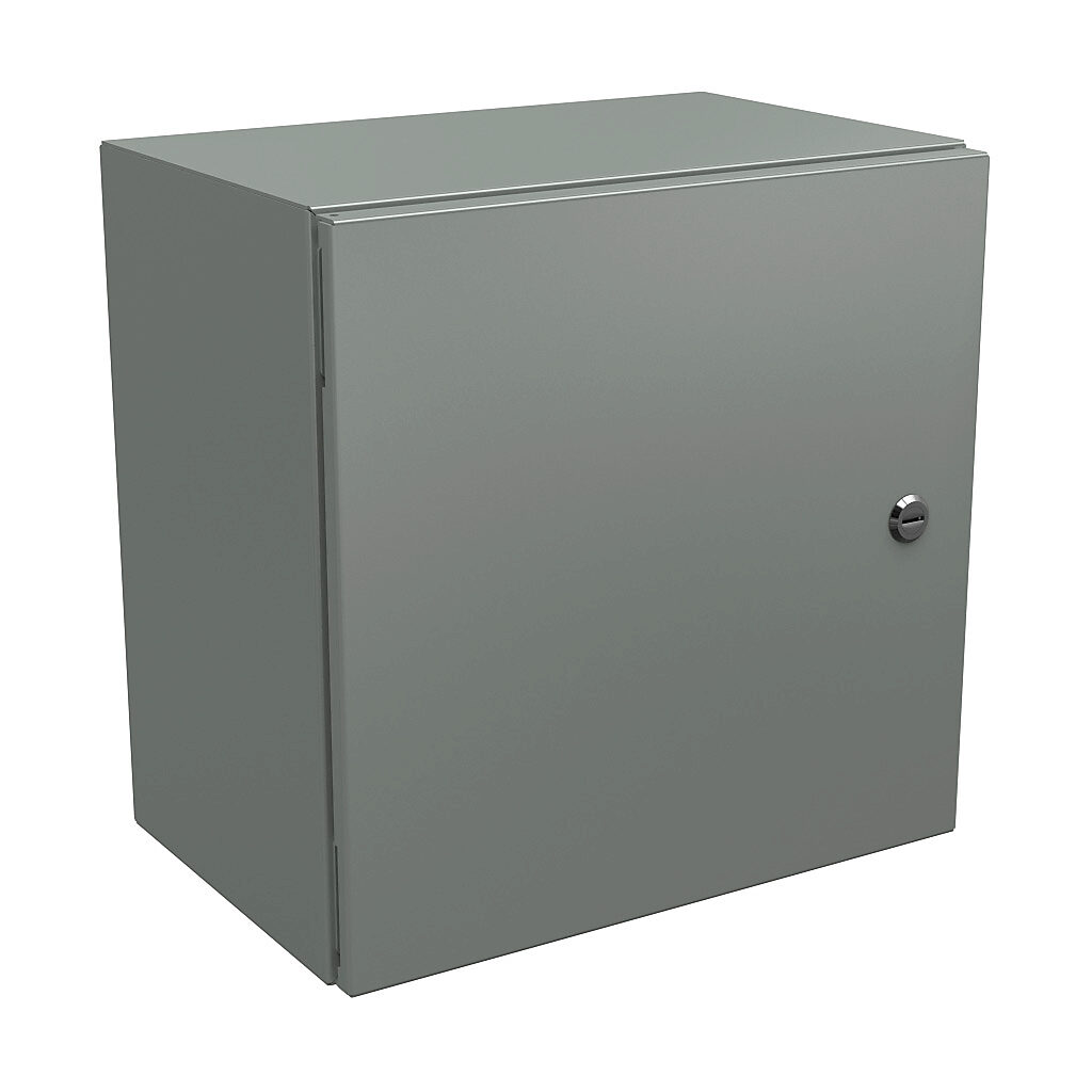 N412161610C - Wiegmann Ultimate series enclosure, NEMA 4/12/13, 16 x 16 x 10in (HxWxD), wall mount, carbon steel, ANSI 61 gray, powder coat finish, single-door, 1/4-turn semi-flush oil-tight latch.