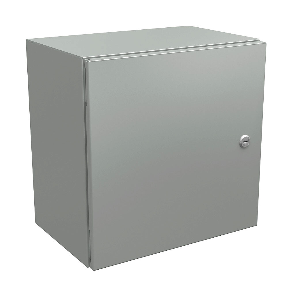 N412161610CLG - Wiegmann Ultimate series enclosure, NEMA 4/12/13, 16 x 16 x 10in (HxWxD), wall mount, carbon steel, RAL 7035 light gray, powder coat finish, single-door, 1/4-turn semi-flush oil-tight latch.