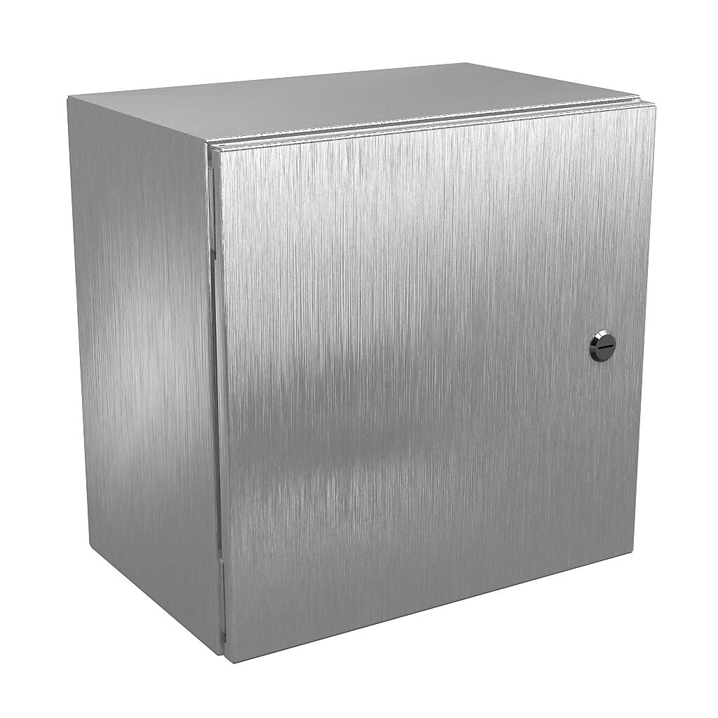 N412161610SSC - Wiegmann Ultimate series enclosure, NEMA 4/4X/12/13, 16 x 16 x 10in (HxWxD), wall mount, 304 stainless steel, No. 3 intermediate polished finish, single-door, 1/4-turn semi-flush oil-tight latch.