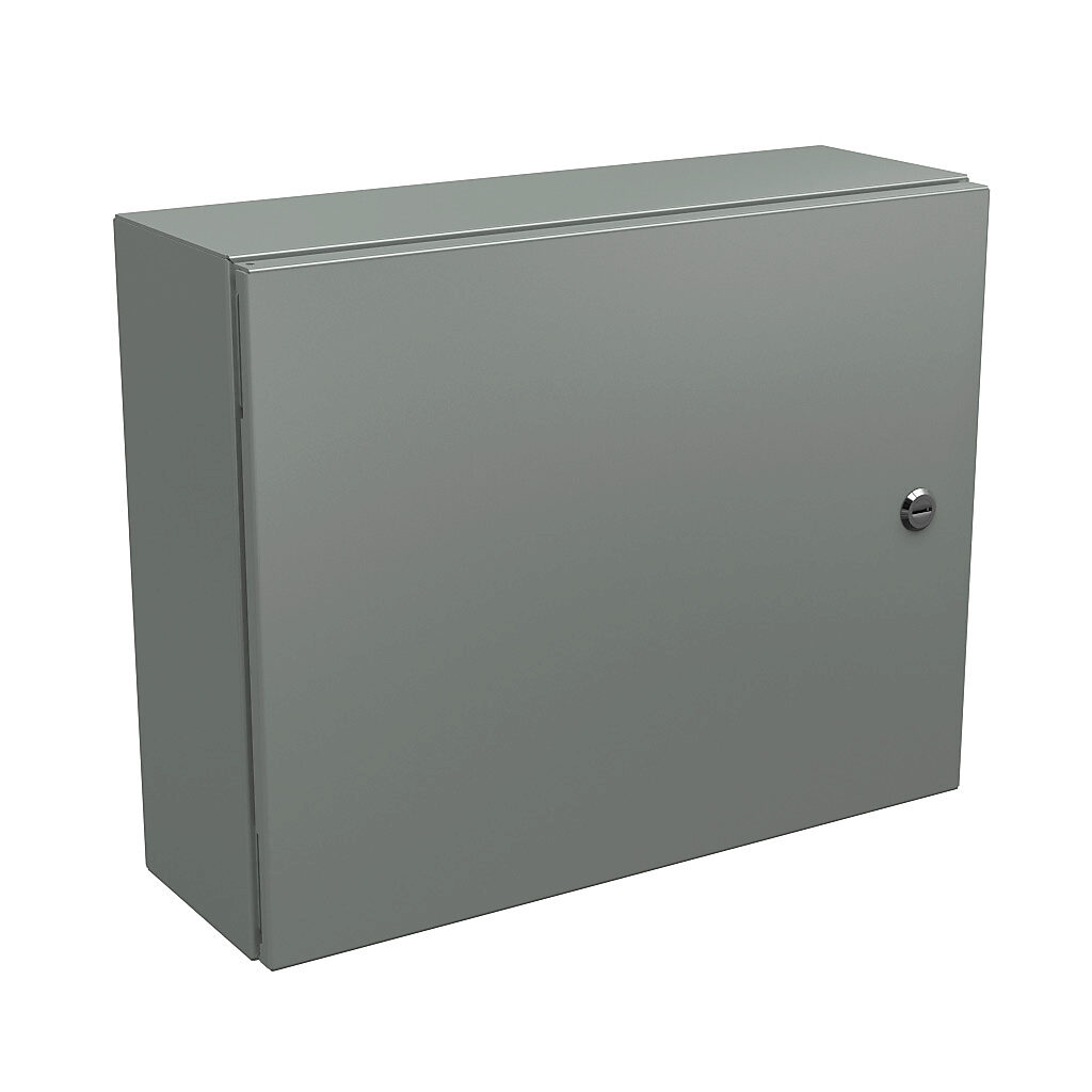 N412162006C - Wiegmann Ultimate series enclosure, NEMA 4/12/13, 16 x 20 x 6in (HxWxD), wall mount, carbon steel, ANSI 61 gray, powder coat finish, single-door, 1/4-turn semi-flush oil-tight latch.