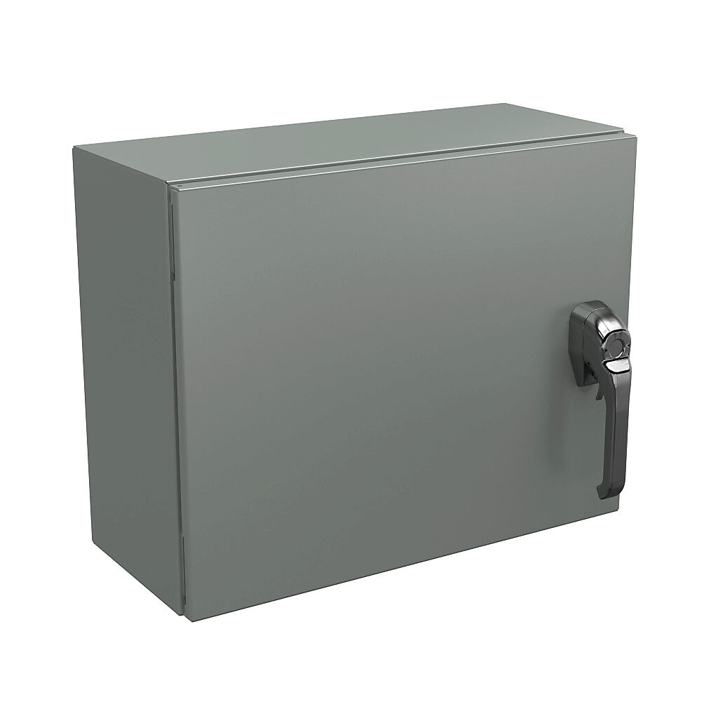 N4121620081PTC - Wiegmann Ultimate series enclosure, NEMA 4/12/13, 16 x 20 x 8in (HxWxD), wall mount, carbon steel, ANSI 61 gray, powder coat finish, single-door, 1-point keylocking/padlocking combo handle, handle hasp.