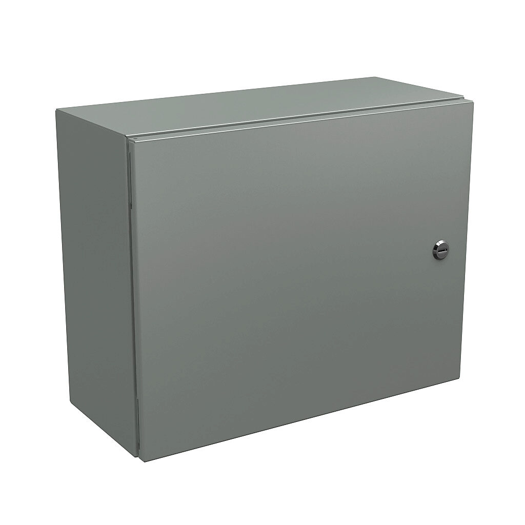 N412162008C - Wiegmann Ultimate series enclosure, NEMA 4/12/13, 16 x 20 x 8in (HxWxD), wall mount, carbon steel, ANSI 61 gray, powder coat finish, single-door, 1/4-turn semi-flush oil-tight latch.