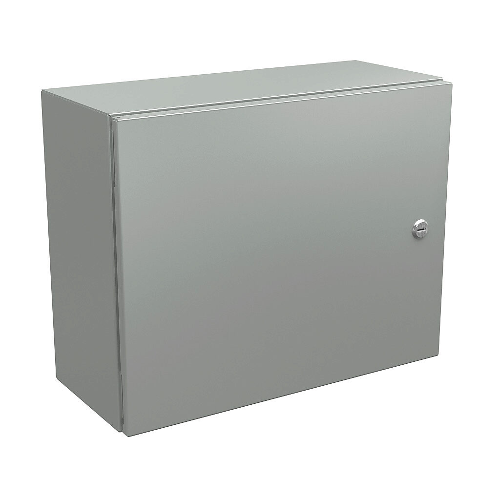 N412162008CLG - Wiegmann Ultimate series enclosure, NEMA 4/12/13, 16 x 20 x 8in (HxWxD), wall mount, carbon steel, RAL 7035 light gray, powder coat finish, single-door, 1/4-turn semi-flush oil-tight latch.