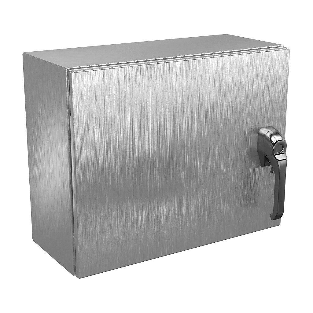 N412162008SS1PTC - Wiegmann Ultimate series enclosure, NEMA 4X/12/13, 16 x 20 x 8in (HxWxD), wall mount, 304 stainless steel, No. 3 intermediate polished finish, single-door, 1-point 316L padlocking handle, handle hasp.