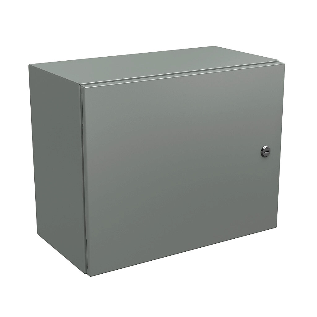 N412162010C - Wiegmann Ultimate series enclosure, NEMA 4/12/13, 16 x 20 x 10in (HxWxD), wall mount, carbon steel, ANSI 61 gray, powder coat finish, single-door, 1/4-turn semi-flush oil-tight latch.