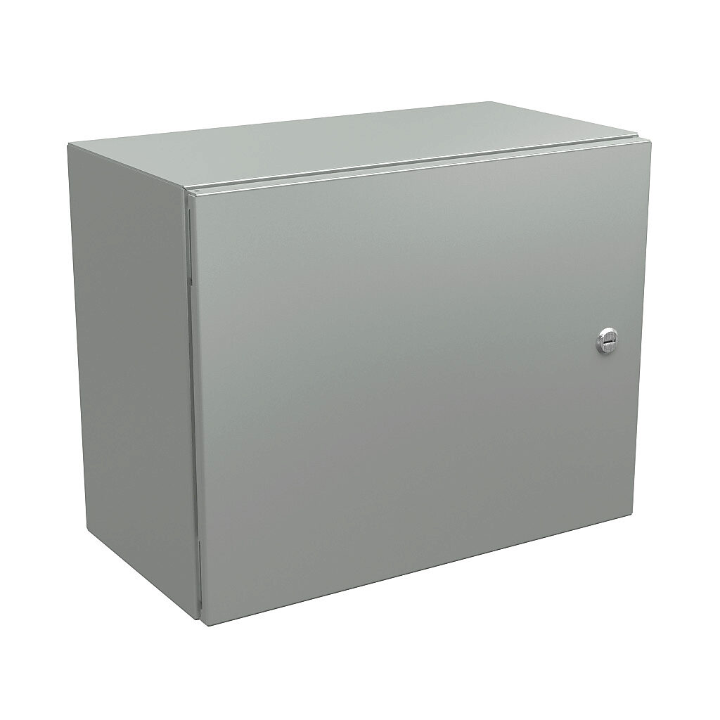 N412162010CLG - Wiegmann Ultimate series enclosure, NEMA 4/12/13, 16 x 20 x 10in (HxWxD), wall mount, carbon steel, RAL 7035 light gray, powder coat finish, single-door, 1/4-turn semi-flush oil-tight latch.