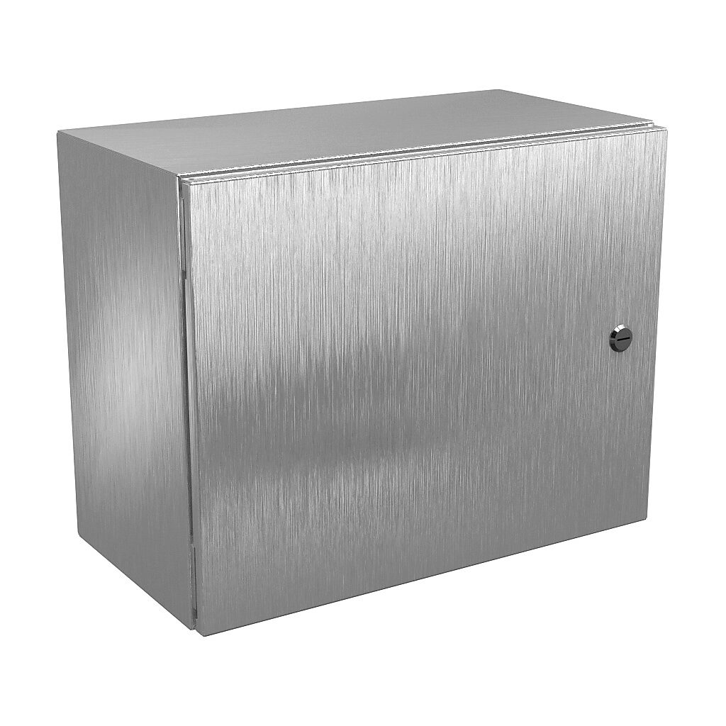 N412162010SSC - Wiegmann Ultimate series enclosure, NEMA 4/4X/12/13, 16 x 20 x 10in (HxWxD), wall mount, 304 stainless steel, No. 3 intermediate polished finish, single-door, 1/4-turn semi-flush oil-tight latch.