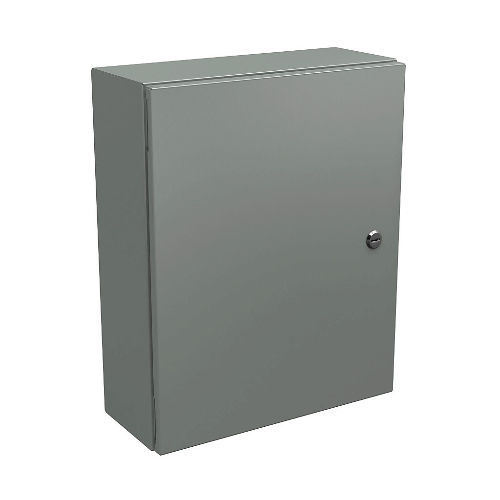 N412201606C - Wiegmann Ultimate series enclosure, NEMA 4/12/13, 20 x 16 x 6in (HxWxD), wall mount, carbon steel, ANSI 61 gray, powder coat finish, single-door, 1/4-turn semi-flush oil-tight latch.