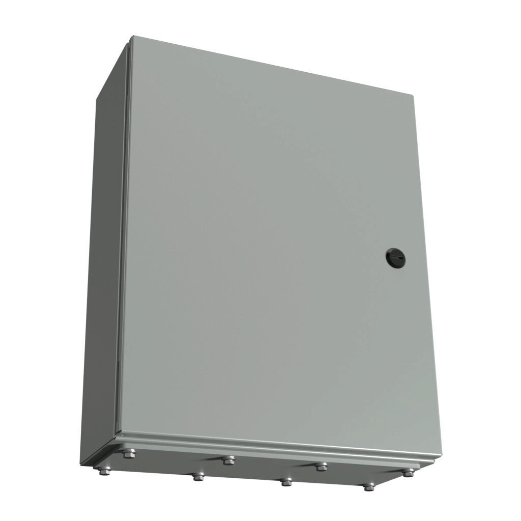 N412201606CGP - Wiegmann Ultimate series enclosure, NEMA 3R/4/12/13, 20 x 16 x 6in (HxWxD), wall mount, bottom gland plate, carbon steel, ANSI 61 gray, powder coat finish, single-door, 1/4-turn semi-flush oil-tight latch.