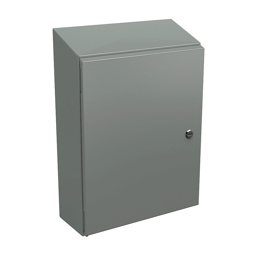 N412201606CST - Wiegmann Ultimate series enclosure, slope top, NEMA 4/12/13, 20 x 16 x 6in (HxWxD), wall mount, carbon steel, ANSI 61 gray, powder coat finish, single-door, 1/4-turn semi-flush oil-tight latch.
