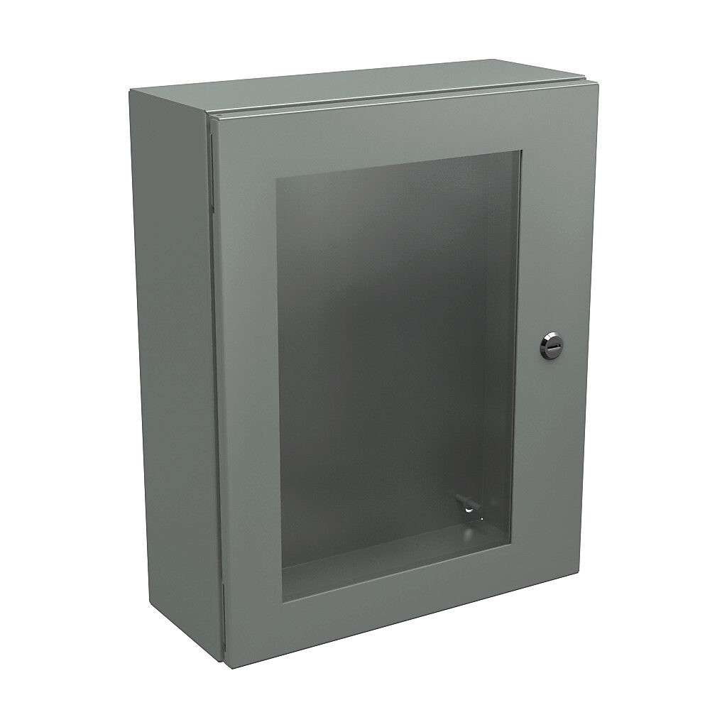N412201606WC - Wiegmann Ultimate series enclosure, NEMA 4/12/13, 20 x 16 x 6in (HxWxD), wall mount, carbon steel, ANSI 61 gray, powder coat finish, single-door, 1/4-turn semi-flush oil-tight latch, polycarbonate window.