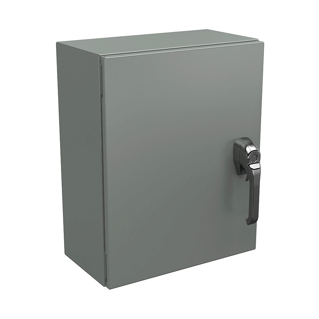 N4122016081PTC - Wiegmann Ultimate series enclosure, NEMA 4/12/13, 20 x 16 x 8in (HxWxD), wall mount, carbon steel, ANSI 61 gray, powder coat finish, single-door, 1-point keylocking/padlocking combo handle, handle hasp.