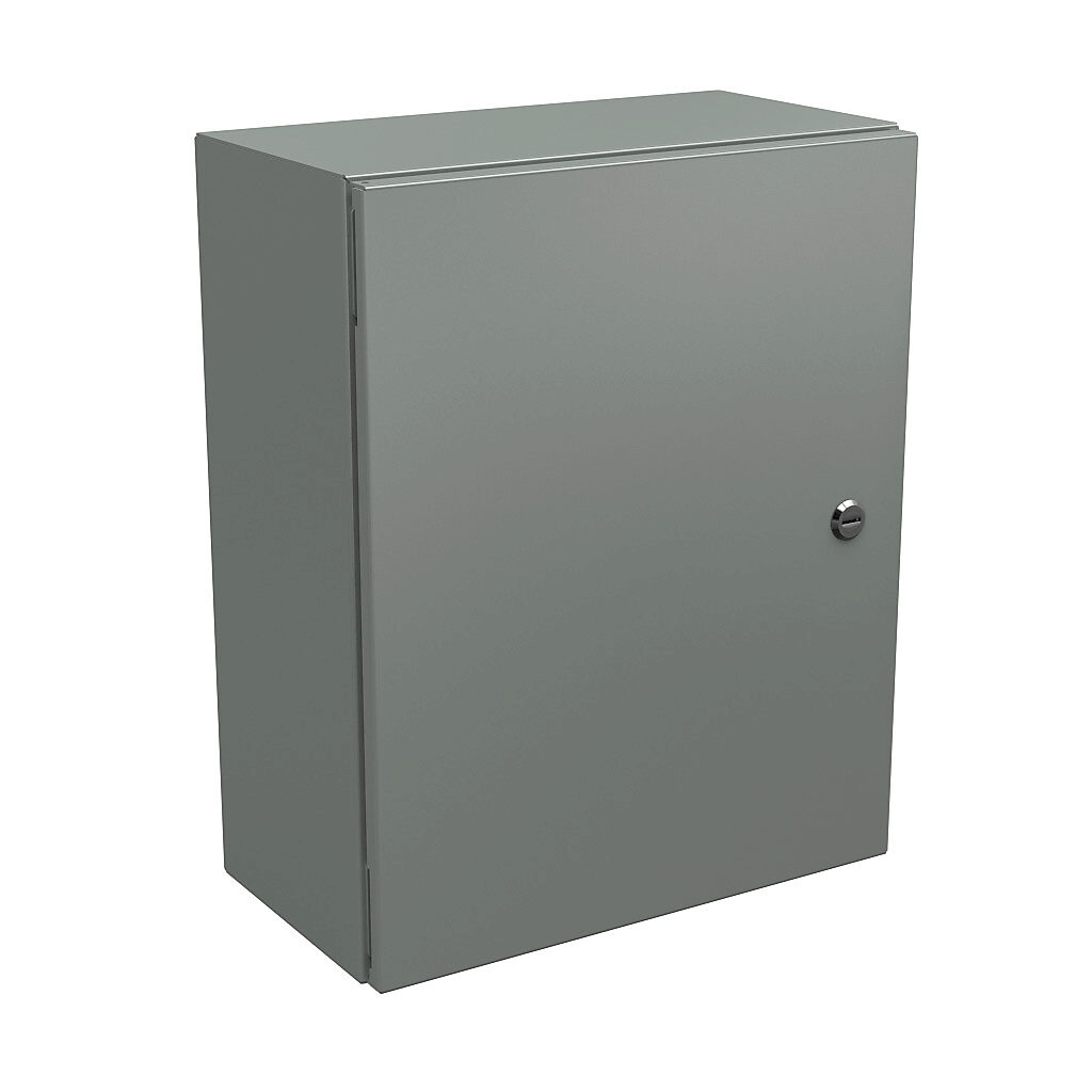 N412201608C - Wiegmann Ultimate series enclosure, NEMA 4/12/13, 20 x 16 x 8in (HxWxD), wall mount, carbon steel, ANSI 61 gray, powder coat finish, single-door, 1/4-turn semi-flush oil-tight latch.