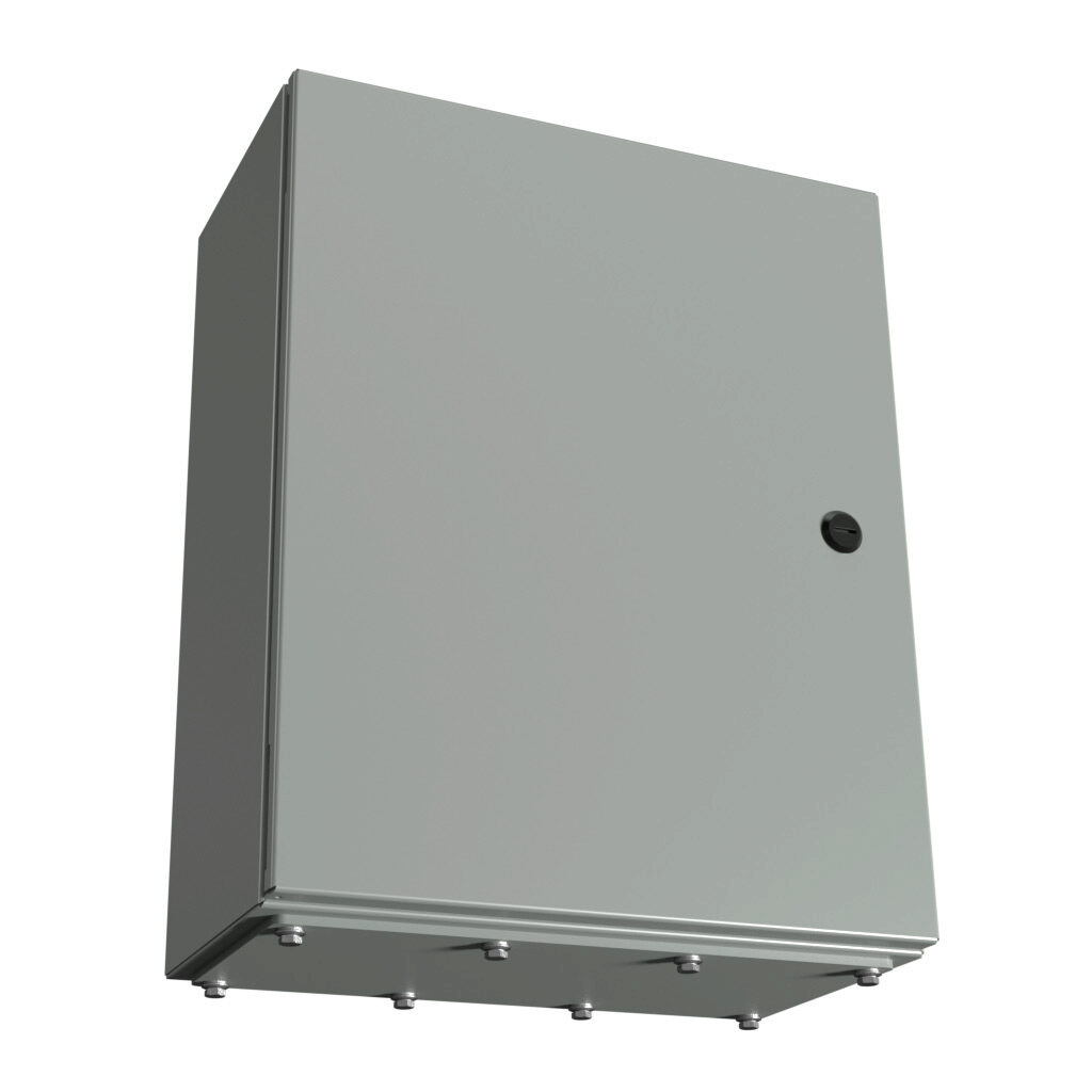 N412201608CGP - Wiegmann Ultimate series enclosure, NEMA 3R/4/12/13, 20 x 16 x 8in (HxWxD), wall mount, bottom gland plate, carbon steel, ANSI 61 gray, powder coat finish, single-door, 1/4-turn semi-flush oil-tight latch.