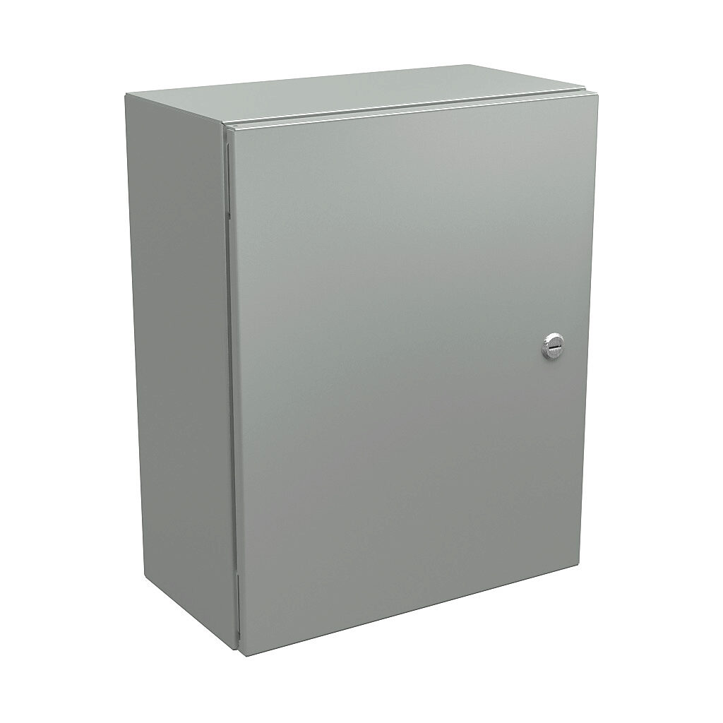 N412201608CLG - Wiegmann Ultimate series enclosure, NEMA 4/12/13, 20 x 16 x 8in (HxWxD), wall mount, carbon steel, RAL 7035 light gray, powder coat finish, single-door, 1/4-turn semi-flush oil-tight latch.