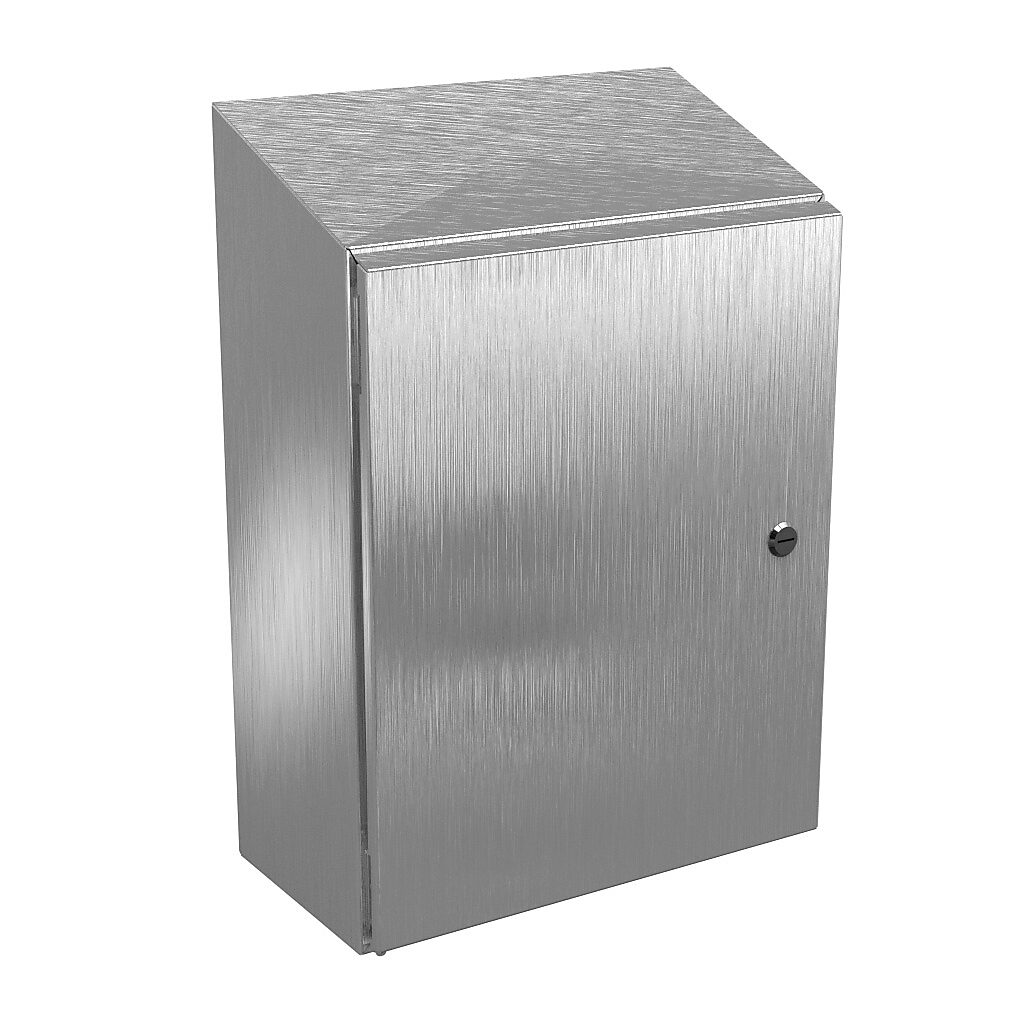 N412201608CSSST - Wiegmann Ultimate series enclosure, slope top, NEMA 4/4X/12/13, 20 x 16 x 8in (HxWxD), wall mount, 304 stainless steel, No. 3 intermediate polished finish, single-door, 1/4-turn semi-flush oil-tight latch.