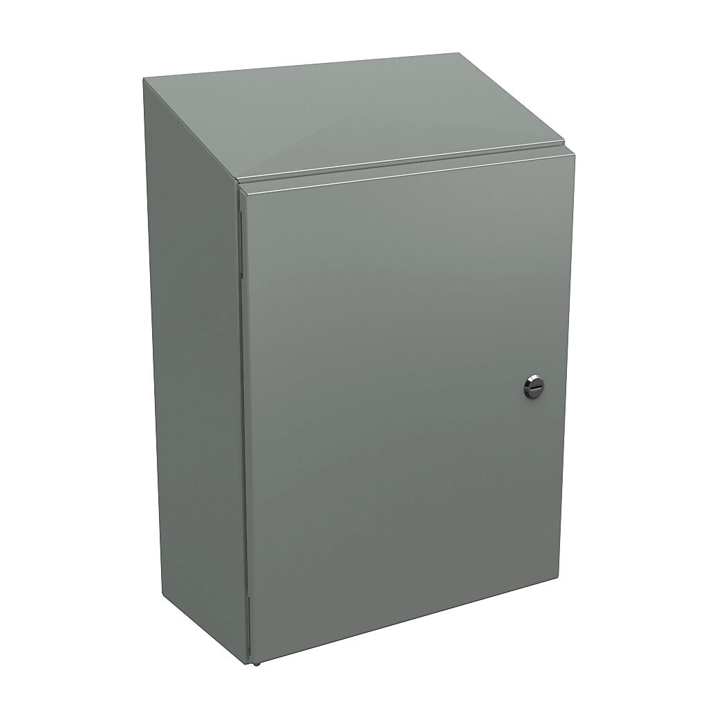 N412201608CST - Wiegmann Ultimate series enclosure, slope top, NEMA 4/12/13, 20 x 16 x 8in (HxWxD), wall mount, carbon steel, ANSI 61 gray, powder coat finish, single-door, 1/4-turn semi-flush oil-tight latch.