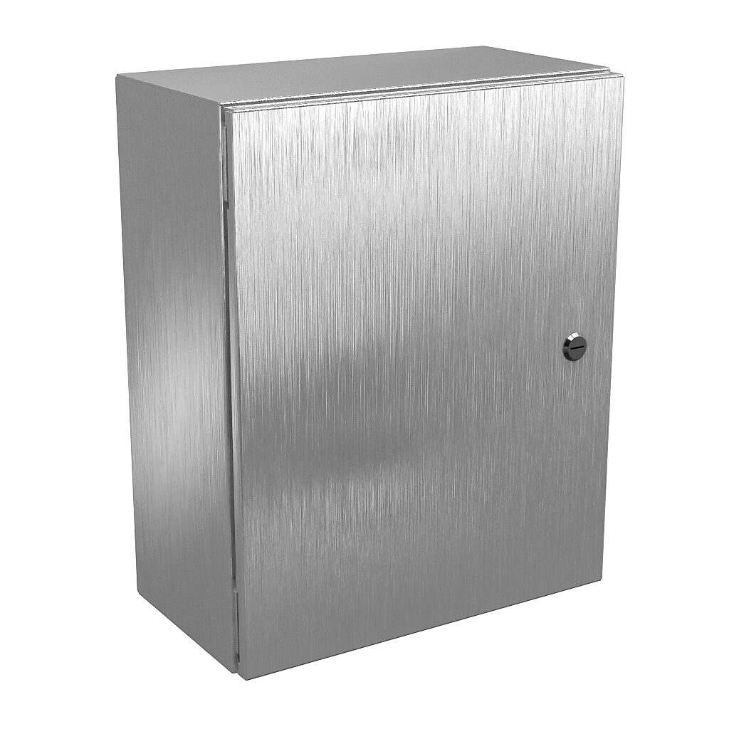 N412201608SSC - Wiegmann Ultimate series enclosure, NEMA 4/4X/12/13, 20 x 16 x 8in (HxWxD), wall mount, 304 stainless steel, No. 3 intermediate polished finish, single-door, 1/4-turn semi-flush oil-tight latch.