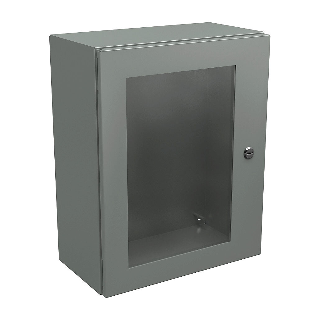 N412201608WC - Wiegmann Ultimate series enclosure, NEMA 4/12/13, 20 x 16 x 8in (HxWxD), wall mount, carbon steel, ANSI 61 gray, powder coat finish, single-door, 1/4-turn semi-flush oil-tight latch, polycarbonate window.