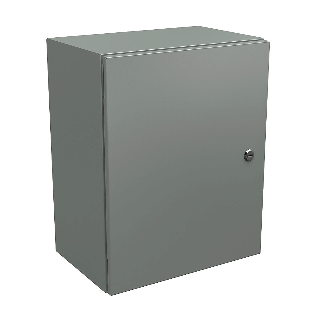 N412201610C - Wiegmann Ultimate series enclosure, NEMA 4/12/13, 20 x 16 x 10in (HxWxD), wall mount, carbon steel, ANSI 61 gray, powder coat finish, single-door, 1/4-turn semi-flush oil-tight latch.