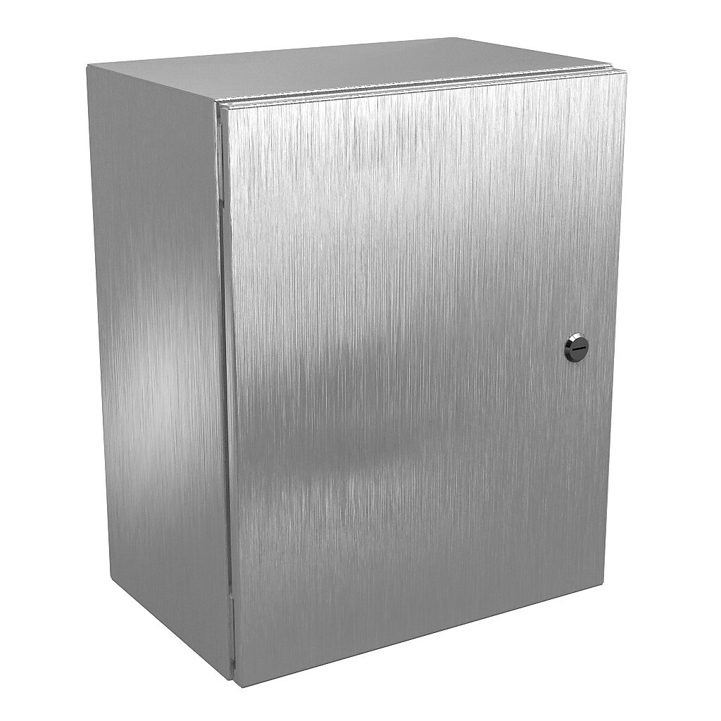 N412201610SSC - Wiegmann Ultimate series enclosure, NEMA 4/4X/12/13, 20 x 16 x 10in (HxWxD), wall mount, 304 stainless steel, No. 3 intermediate polished finish, single-door, 1/4-turn semi-flush oil-tight latch.