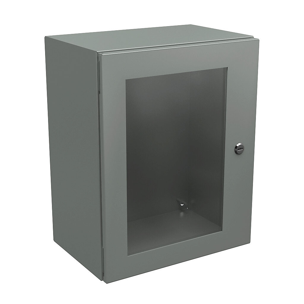 N412201610WC - Wiegmann Ultimate series enclosure, NEMA 4/12/13, 20 x 16 x 10in (HxWxD), wall mount, carbon steel, ANSI 61 gray, powder coat finish, single-door, 1/4-turn semi-flush oil-tight latch, polycarbonate window.