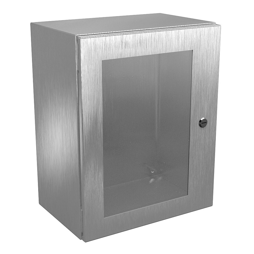 N412201610WSSC - Wiegmann Ultimate series enclosure, NEMA 4/4X/12/13, 20 x 16 x 10in (HxWxD), wall mount, 304 stainless steel, No. 3 intermediate polished finish, single-door, 1/4-turn semi-flush oil-tight latch, polycarbonate window.
