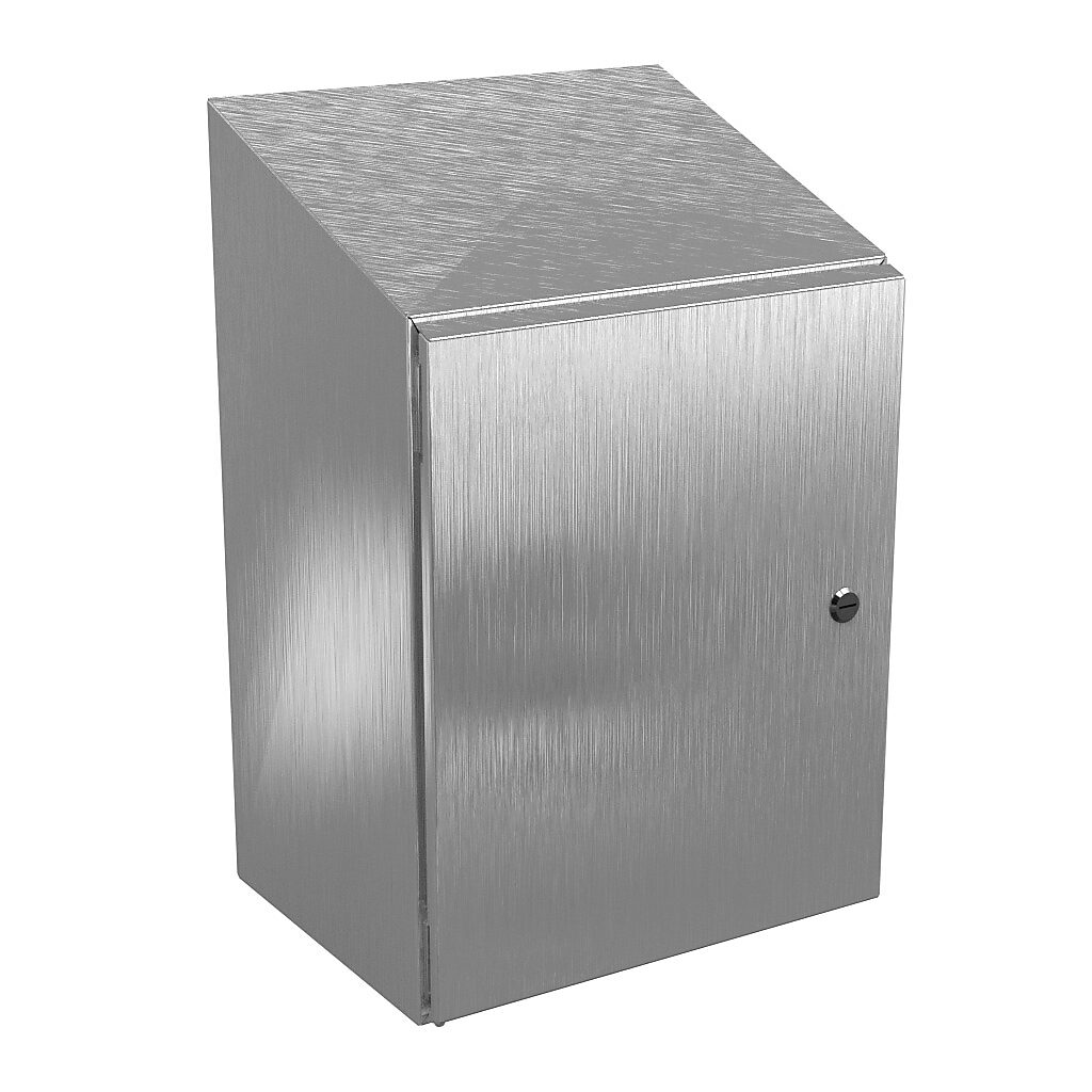 N412201612CSSST - Wiegmann Ultimate series enclosure, slope top, NEMA 4/4X/12/13, 20 x 16 x 12in (HxWxD), wall mount, 304 stainless steel, No. 3 intermediate polished finish, single-door, 1/4-turn semi-flush oil-tight latch.