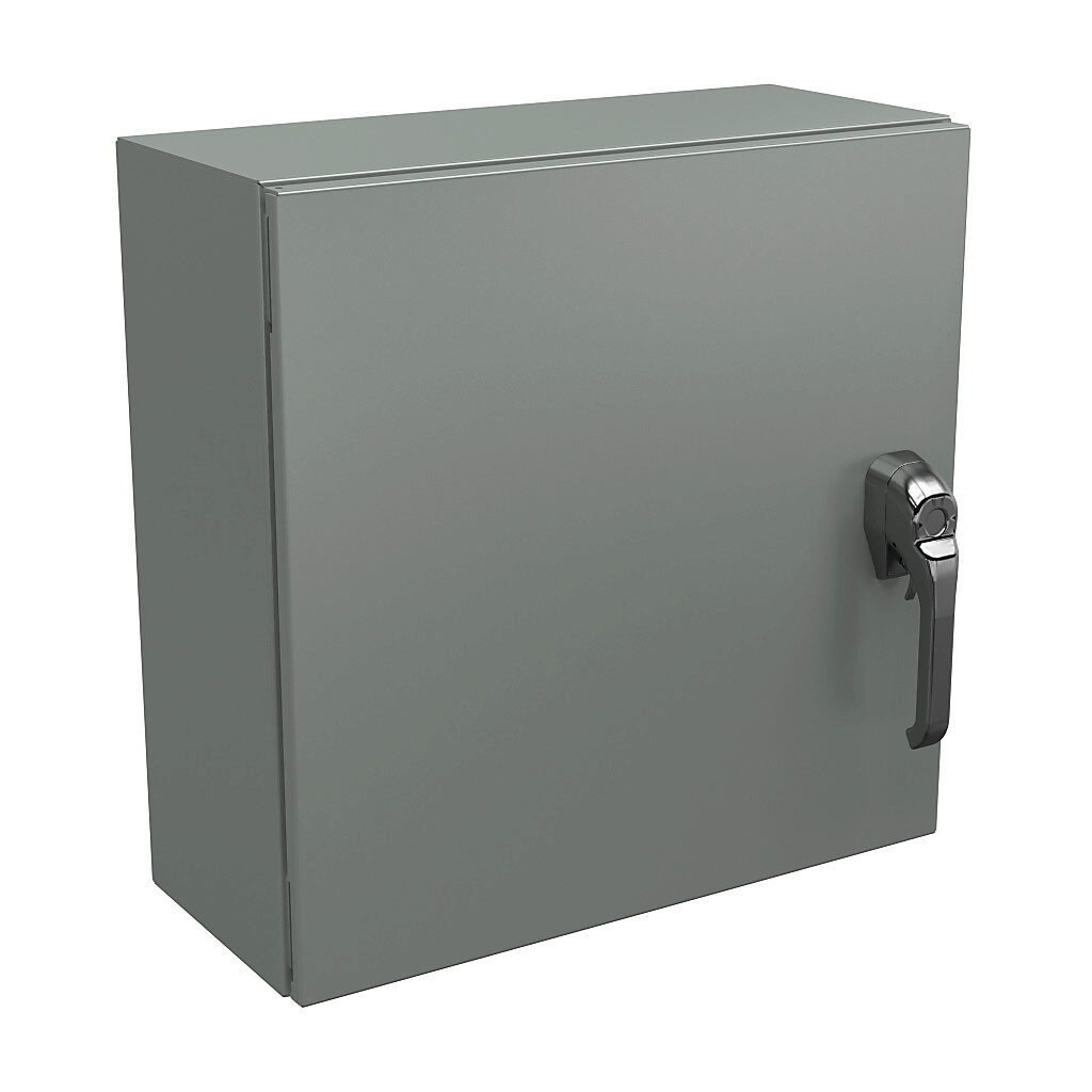 N4122020081PTC - Wiegmann Ultimate series enclosure, NEMA 4/12/13, 20 x 20 x 8in (HxWxD), wall mount, carbon steel, ANSI 61 gray, powder coat finish, single-door, 1-point keylocking/padlocking combo handle, handle hasp.