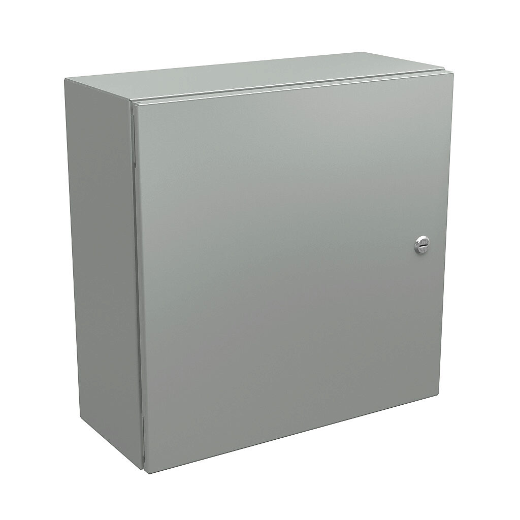 N412202008CLG - Wiegmann Ultimate series enclosure, NEMA 4/12/13, 20 x 20 x 8in (HxWxD), wall mount, carbon steel, RAL 7035 light gray, powder coat finish, single-door, 1/4-turn semi-flush oil-tight latch.
