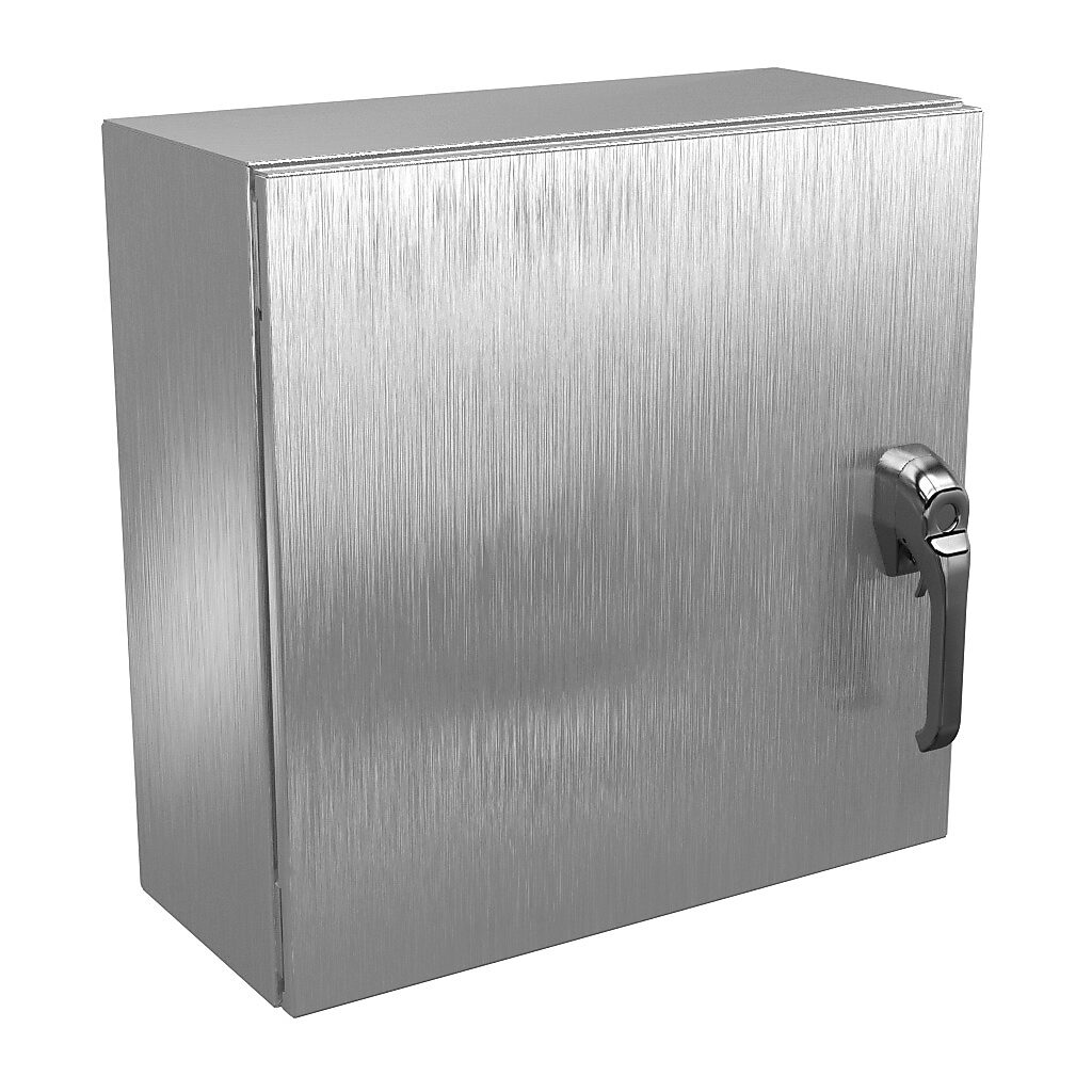 N412202008SS1PTC - Wiegmann Ultimate series enclosure, NEMA 4X/12/13, 20 x 20 x 8in (HxWxD), wall mount, 304 stainless steel, No. 3 intermediate polished finish, single-door, 1-point 316L padlocking handle, handle hasp.