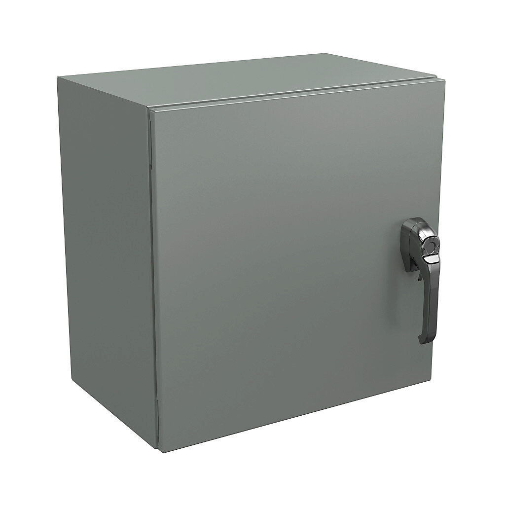 N4122020121PTC - Wiegmann Ultimate series enclosure, NEMA 4/12/13, 20 x 20 x 12in (HxWxD), wall mount, carbon steel, ANSI 61 gray, powder coat finish, single-door, 1-point keylocking/padlocking combo handle, handle hasp.