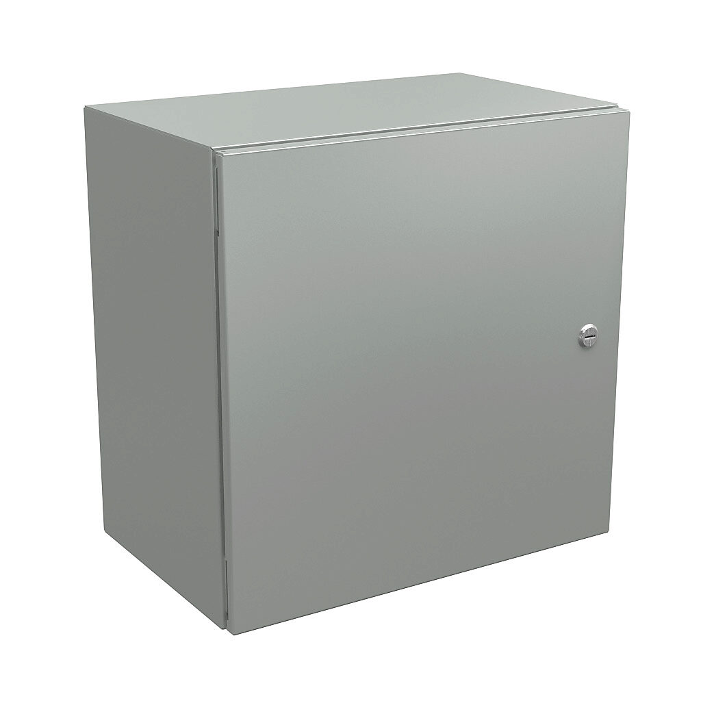 N412202012CLG - Wiegmann Ultimate series enclosure, NEMA 4/12/13, 20 x 20 x 12in (HxWxD), wall mount, carbon steel, RAL 7035 light gray, powder coat finish, single-door, 1/4-turn semi-flush oil-tight latch.
