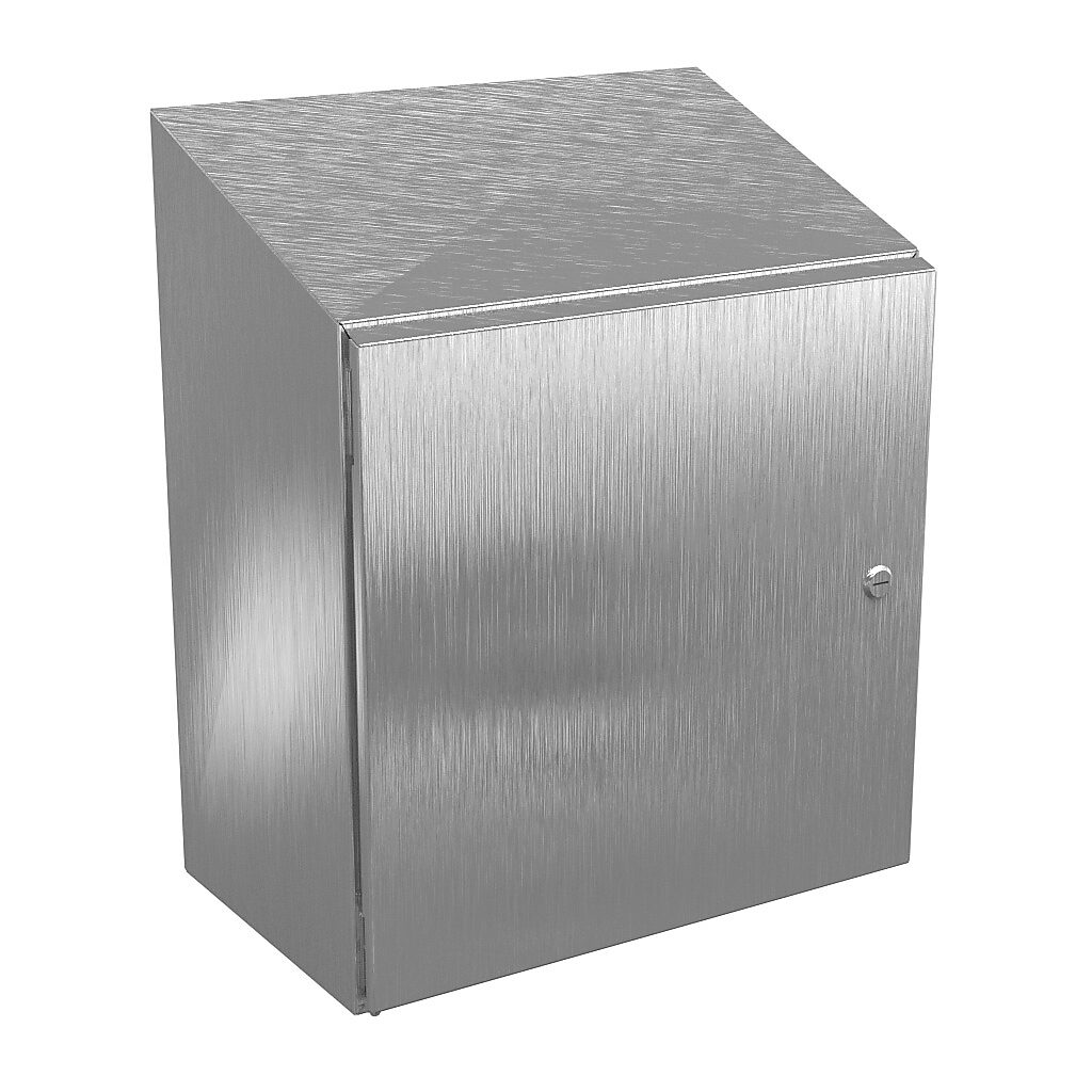 N412202012CSSST - Wiegmann Ultimate series enclosure, slope top, NEMA 4/4X/12/13, 20 x 20 x 12in (HxWxD), wall mount, 304 stainless steel, No. 3 intermediate polished finish, single-door, 1/4-turn semi-flush oil-tight latch.
