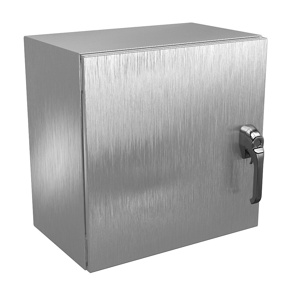 N412202012SS1PTC - Wiegmann Ultimate series enclosure, NEMA 4X/12/13, 20 x 20 x 12in (HxWxD), wall mount, 304 stainless steel, No. 3 intermediate polished finish, single-door, 1-point 316L padlocking handle, handle hasp.