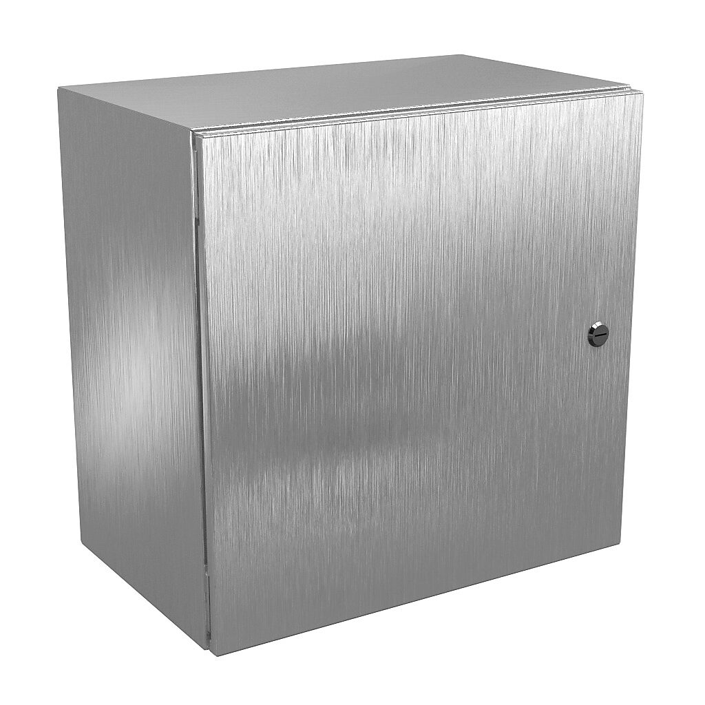 N412202012SSC - Wiegmann Ultimate series enclosure, NEMA 4/4X/12/13, 20 x 20 x 12in (HxWxD), wall mount, 304 stainless steel, No. 3 intermediate polished finish, single-door, 1/4-turn semi-flush oil-tight latch.