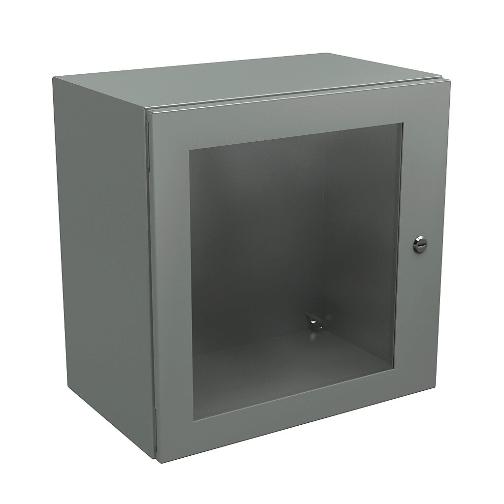 N412202012WC - Wiegmann Ultimate series enclosure, NEMA 4/12/13, 20 x 20 x 12in (HxWxD), wall mount, carbon steel, ANSI 61 gray, powder coat finish, single-door, 1/4-turn semi-flush oil-tight latch, polycarbonate window.