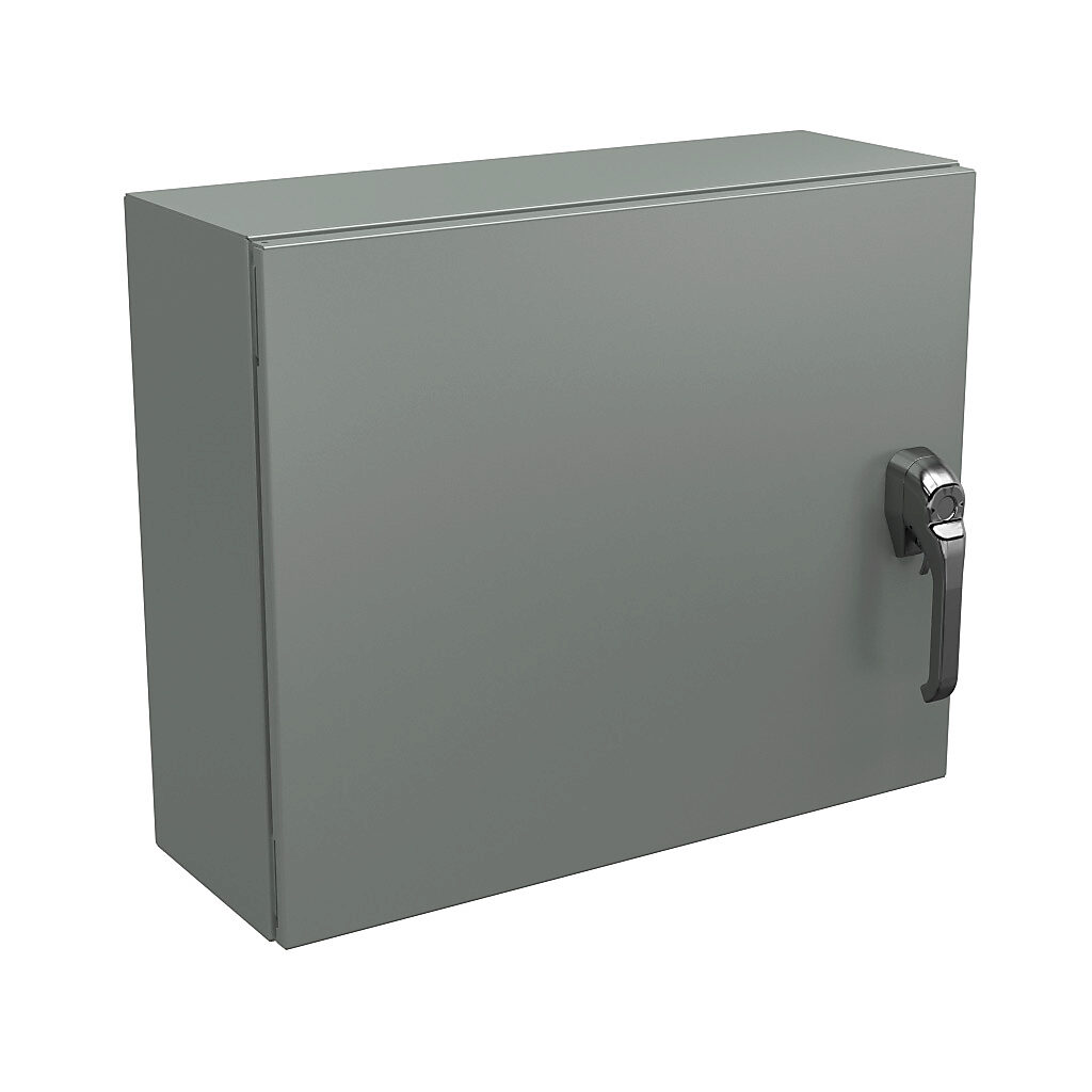 N4122024081PTC - Wiegmann Ultimate series enclosure, NEMA 4/12/13, 20 x 24 x 8in (HxWxD), wall mount, carbon steel, ANSI 61 gray, powder coat finish, single-door, 1-point keylocking/padlocking combo handle, handle hasp.