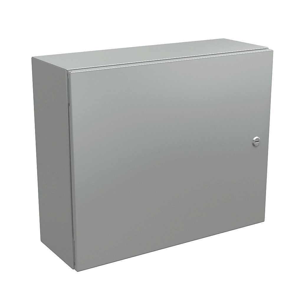 N412202408CLG - Wiegmann Ultimate series enclosure, NEMA 4/12/13, 20 x 24 x 8in (HxWxD), wall mount, carbon steel, RAL 7035 light gray, powder coat finish, single-door, 1/4-turn semi-flush oil-tight latch.