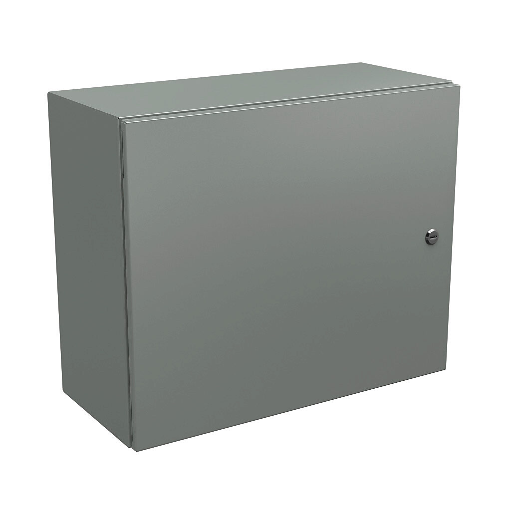 N412202410C - Wiegmann Ultimate series enclosure, NEMA 4/12/13, 20 x 24 x 10in (HxWxD), wall mount, carbon steel, ANSI 61 gray, powder coat finish, single-door, 1/4-turn semi-flush oil-tight latch.