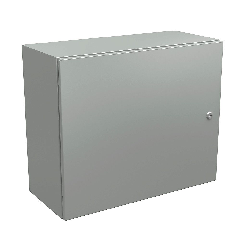 N412202410CLG - Wiegmann Ultimate series enclosure, NEMA 4/12/13, 20 x 24 x 10in (HxWxD), wall mount, carbon steel, RAL 7035 light gray, powder coat finish, single-door, 1/4-turn semi-flush oil-tight latch.