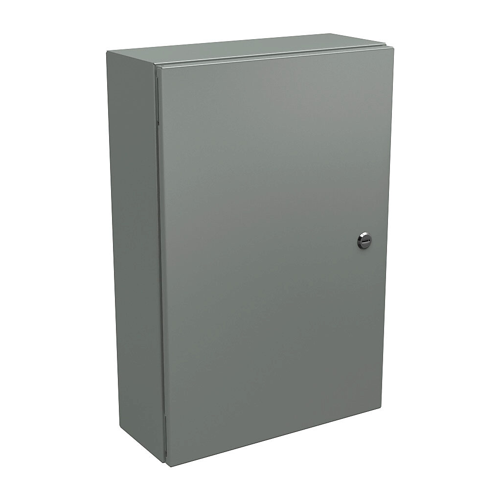 N412241606C - Wiegmann Ultimate series enclosure, NEMA 4/12/13, 24 x 16 x 6in (HxWxD), wall mount, carbon steel, ANSI 61 gray, powder coat finish, single-door, 1/4-turn semi-flush oil-tight latch.